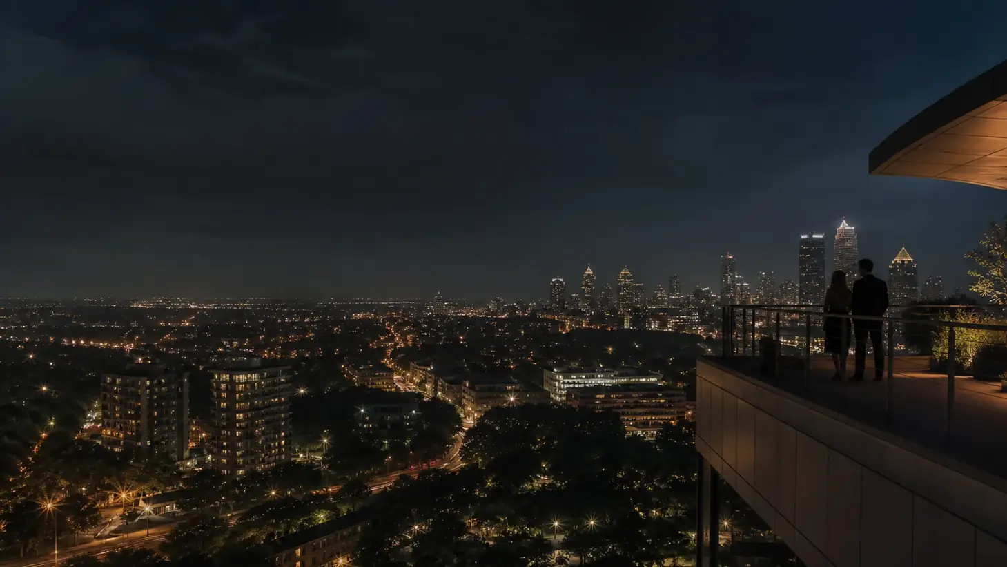 Atlanta skyline after dark viewed from a rooftop