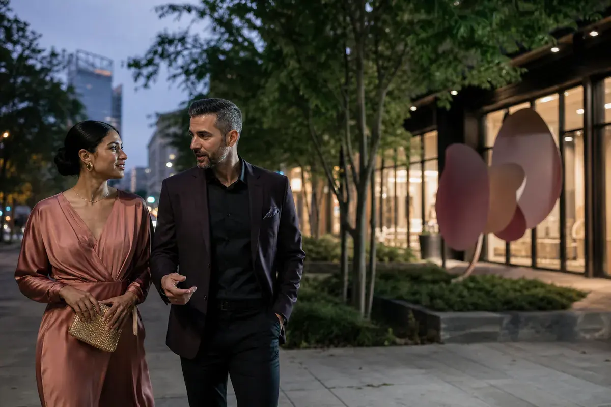 An adult couple walking through Midtown Atlanta at dusk